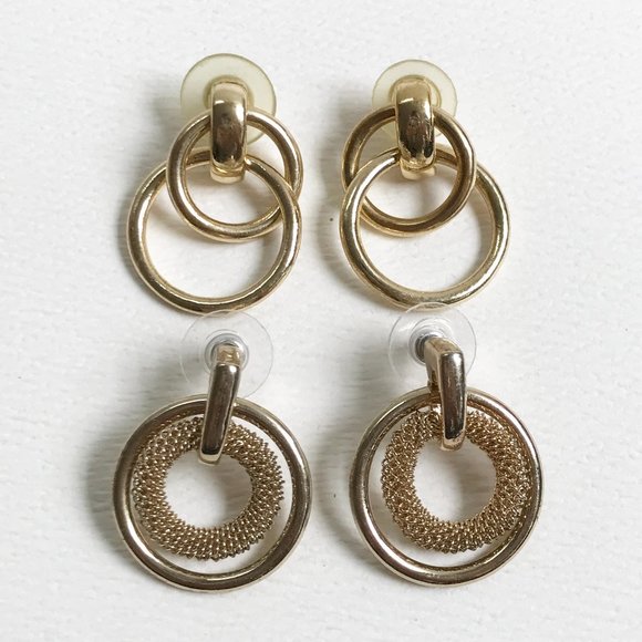 Gold Tone Double Hoop Mesh Knocker Pierced Earrings Set of 2 - Picture 1 of 2